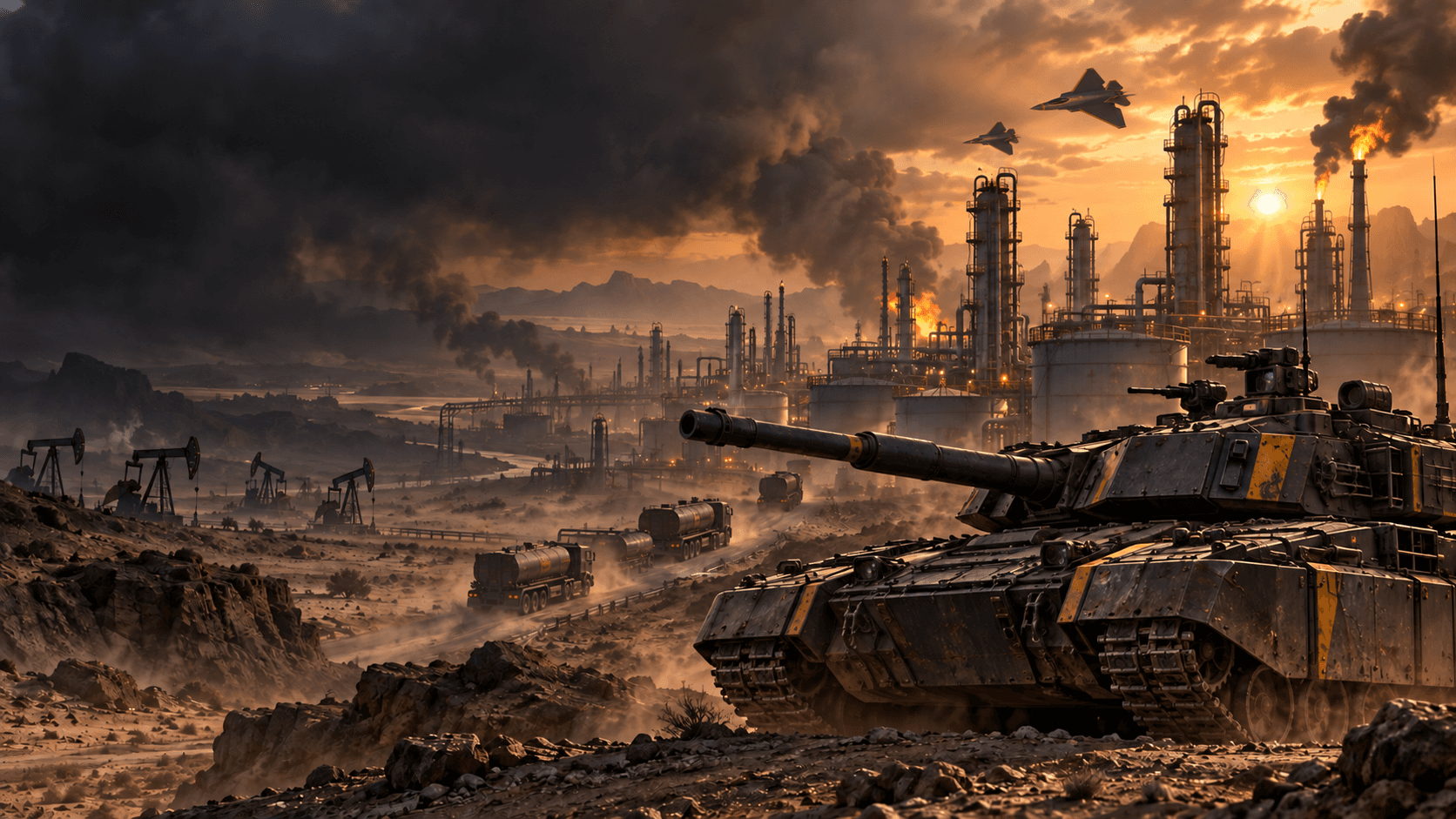 Concept art: an armoured vehicle and a convoy in front of an oil complex at sunset
