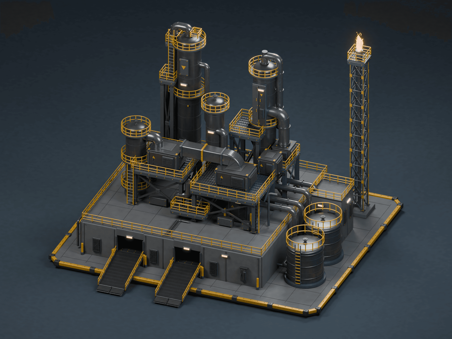 CrudeWar refining complex, with industrial towers and pipelines
